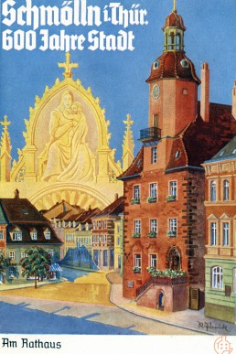 Postkarte des Rathauses mit Stadtwappen