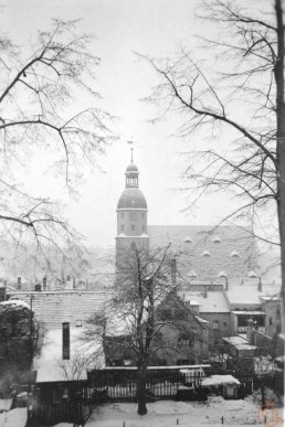 Blick vom Eichberg auf die Stadtkirche St. Nicolai im Winter