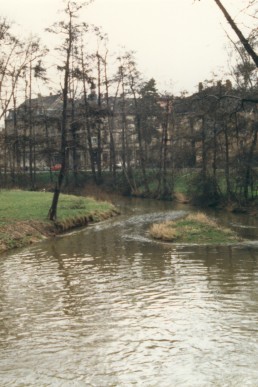Blick vom Hausmühlenwehr über die Sprotte zur Uferstraßetstätte