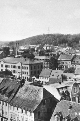 Blick vom Kirchturm in Richtung untere Schule und Pfefferberg mit Aussichtsturm