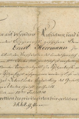 Aufnahmeurkunde in den privilegierten bürgerlichen Schützen-Corps