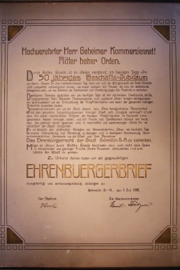 Ehrenbürgerbrief der Stadt Schmölln für Kommerzienrat Hermann Donath