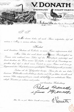 Schreiben von Richard Donath der Knopffabrik Valentin Donath